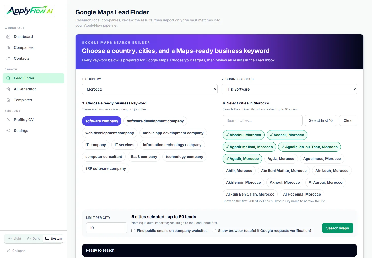 Espace de recherche de prospects ApplyFlow AI